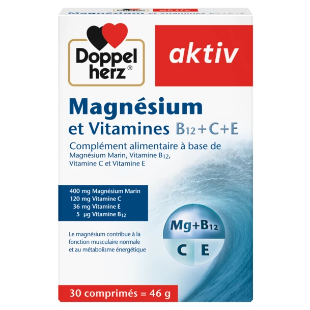 DOPPELHERZ AKTIV MAGNESIUM ET VITAMINES B12+C+E Doppelherz Aktiv DOPPELHERZ AKTIV MAGNESIUM ET VITAMINES B12+C+E, 30 COMPRIMES